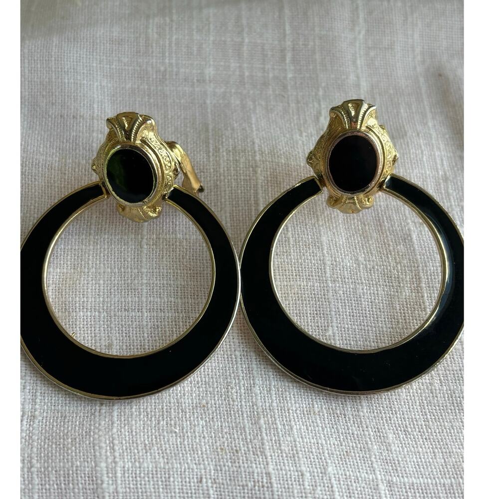 1980's Vintage Gold-Tone Black Enamel Hoop Large Door Knockers Clip On Earrings